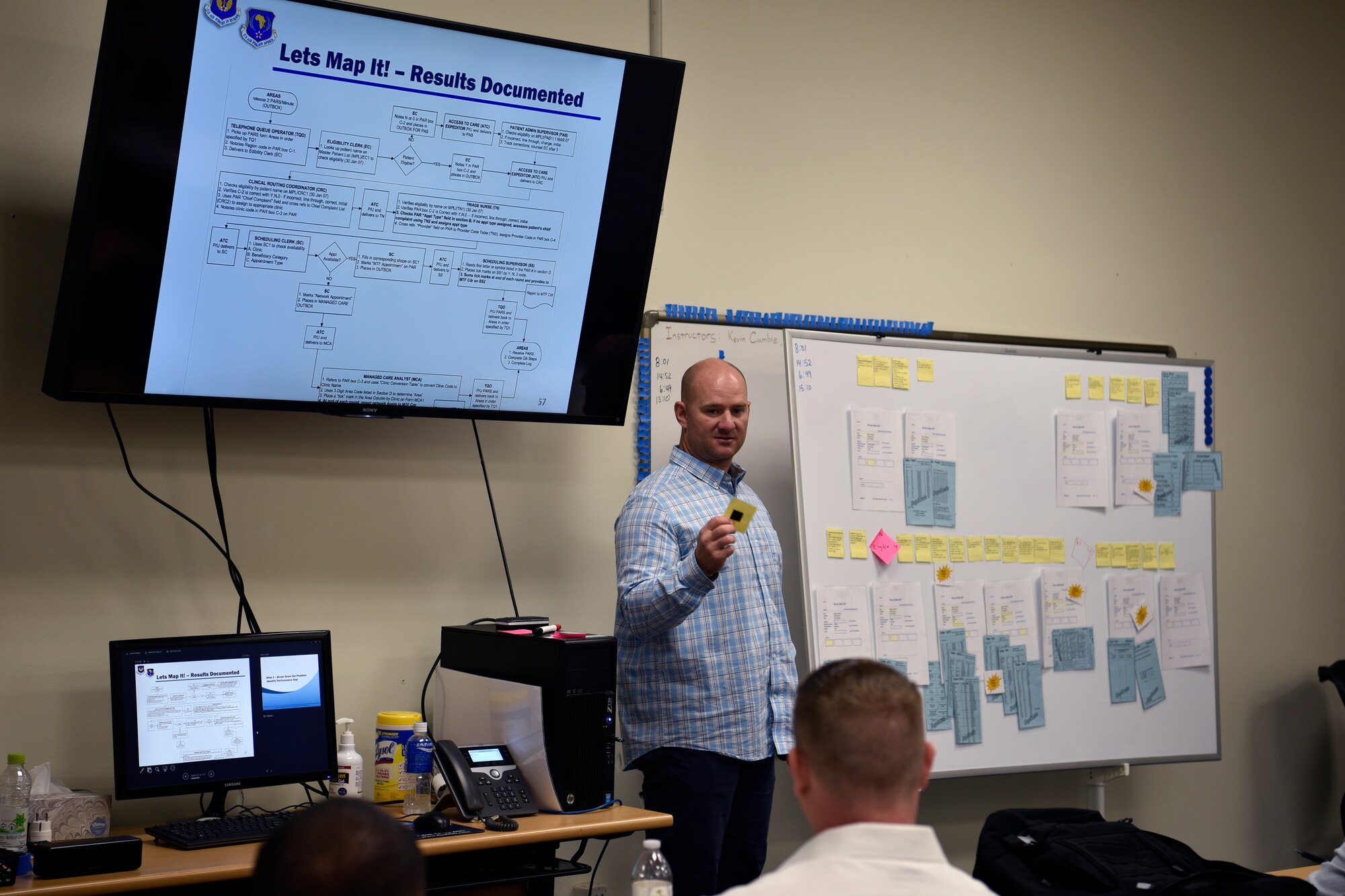 U.S. Air Force Master Sgt. Kevin Cumbie, 52nd Fighter Wing innovation and transformation office superintendent, provides an example of how to map a problem during the Continuous Process Improvement class at Kunsan Air Base, Republic of Korea, July 11, 2019. For this eight-hour class, Cumbie demonstrated the first three steps of Practical Problem Solving as a foundation for improving processes in the work place. (U.S. Air Force photo by Technical Sgt. Joshua P. Arends)