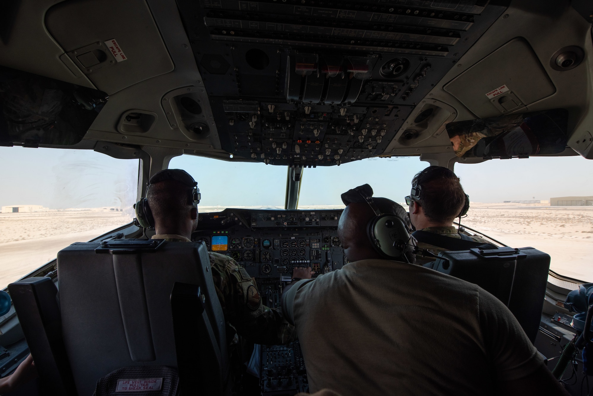 A KC-10 Extender crew from the 908th Expeditionary Air Refueling Squadron takes off from Al Dhafra Air Base, United Arab Emirates Aug. 6, 2019. The crew supported F-35A Lightning II’s participating in exercise Agile Lightning as well as refueled another KC-10. (U.S. Air Force photo by Staff Sgt. Chris Thornbury)