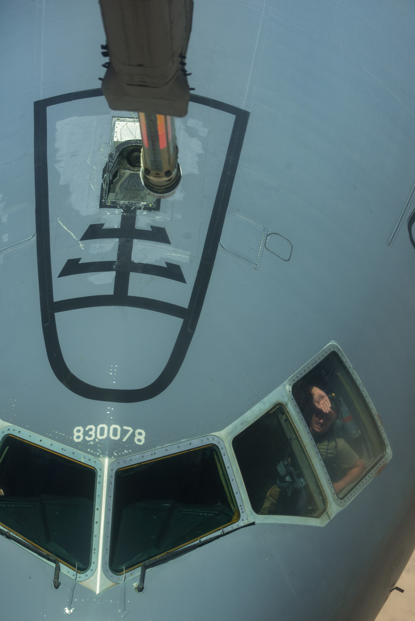 A 908th Expeditionary Air Refueling Squadron KC-10 Extender receives fuel from another KC-10 Aug. 6, 2019. The KC-10 is able to offload and receive fuel to remain airborne longer to support operations throughout the area of operations. (U.S. Air Force photo by Staff Sgt. Chris Thornbury)
