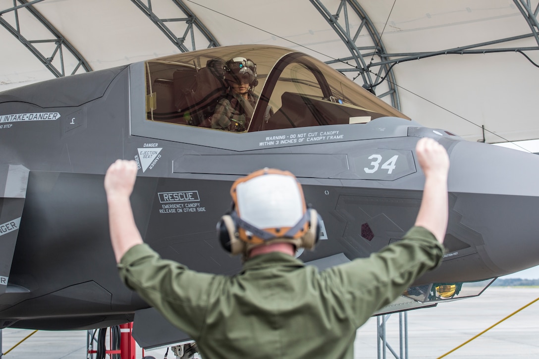 Capt. Anneliese Satz conducts pre-flight checks prior to a training flight aboard Marine Corps Air Station Beaufort, March 11. Satz graduated the F-35B Lighting II Pilot Training Program June and will be assigned to Marine Fighter Attack Squadron 121 in Iwakuni, Japan.