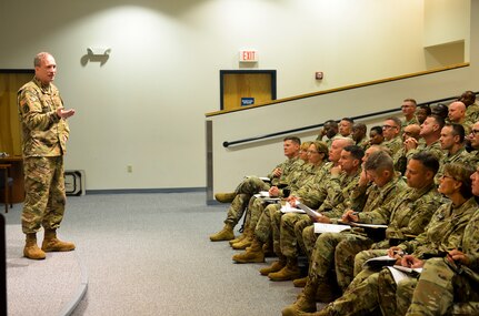 Maj. Gen. Greg Mosser, 377th Theater Sustainment Command commanding general, lays out his initial guidance on taking care of Soldiers while building and maintaining readiness shortly after taking command of the unit at Naval Air Station Joint Reserve Base New Orleans, August 3, 2019.