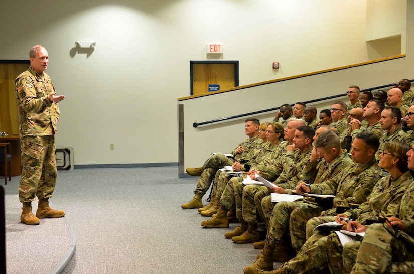 Maj. Gen. Greg Mosser, 377th Theater Sustainment Command commanding general, lays out his initial guidance on taking care of Soldiers while building and maintaining readiness shortly after taking command of the unit at Naval Air Station Joint Reserve Base New Orleans, August 3, 2019.