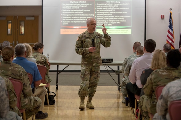 Maj. Gen. Ronald Place, Defense Health Agency acting assistant director for healthcare administration, briefs 49th Medical Group Airmen on the DHA transition, Aug. 8, 2019, on Holloman Air Force Base, N.M. Place visited to ensure 49 MDG Airmen understand how the changes will affect medical group operations. (U.S. Air Force photo by Staff Sgt. Christine Groening)