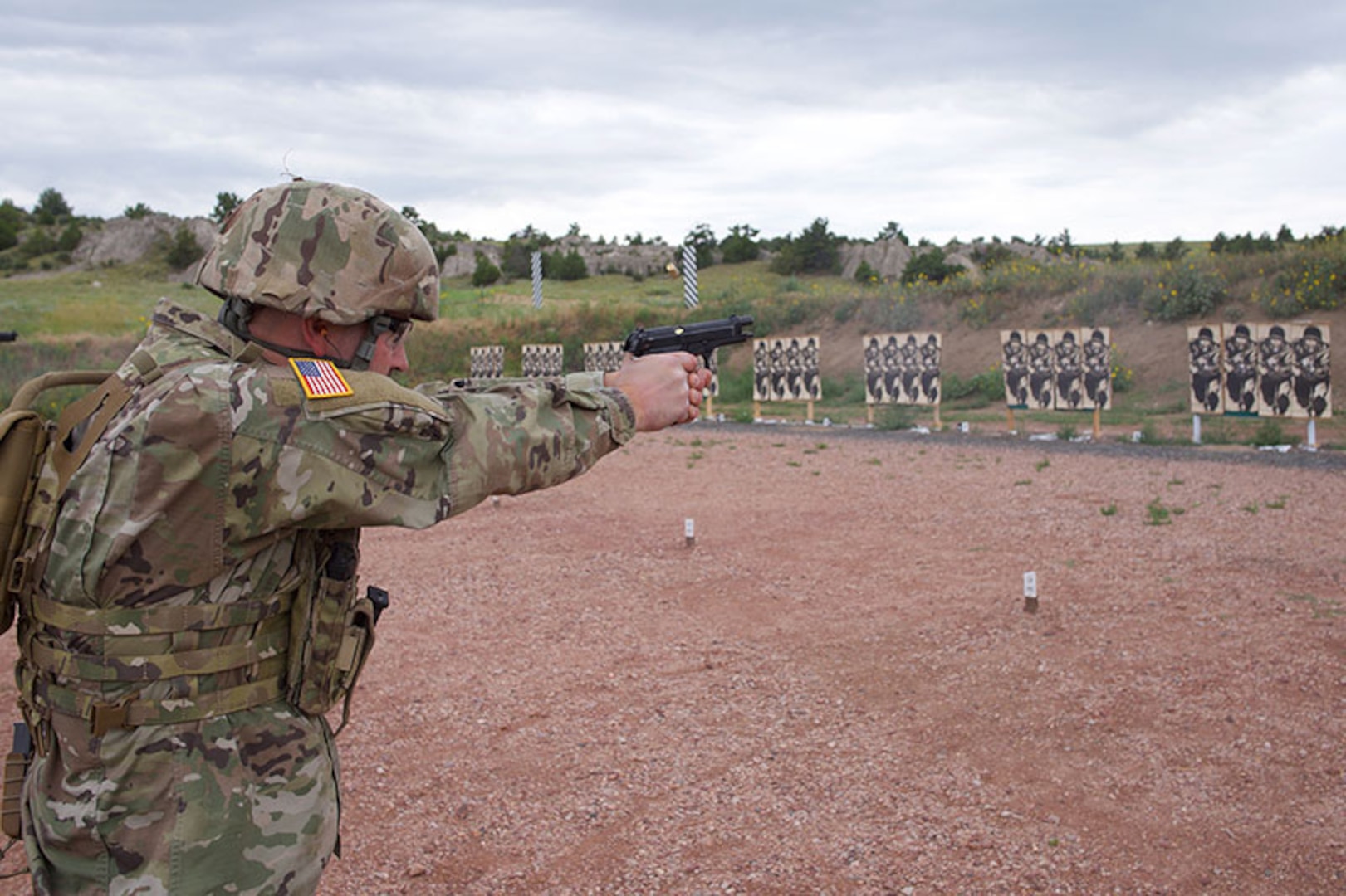 Sgt. Tyler Goldade, North Dakota Army National Guard, shoots a course of fire July 27, 2019, at Camp Guernsey, Wyo., during the Marksmanship Advisory Council Region 6 Championship. Goldade won the Combined Arms Individual Aggregate and Combined Arms Individual Rifle Champion.