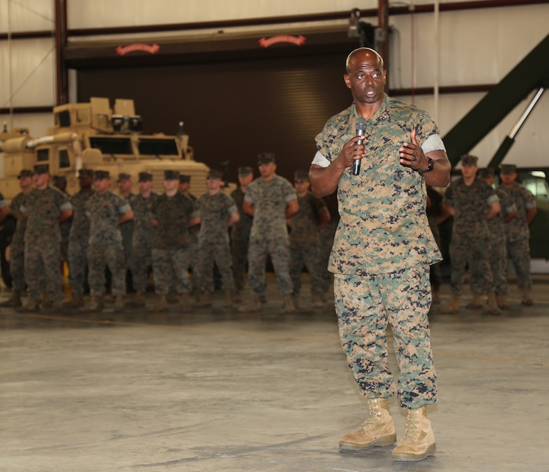 Lt. Col. Fred Glencamp III, commanding officer, 2nd Marine Force Storage Battalion, Marine Force Storage Command, addresses attendees during the battalion’s activation ceremony aboard Marine Corps Logistics Base Albany, Ga., June 14.