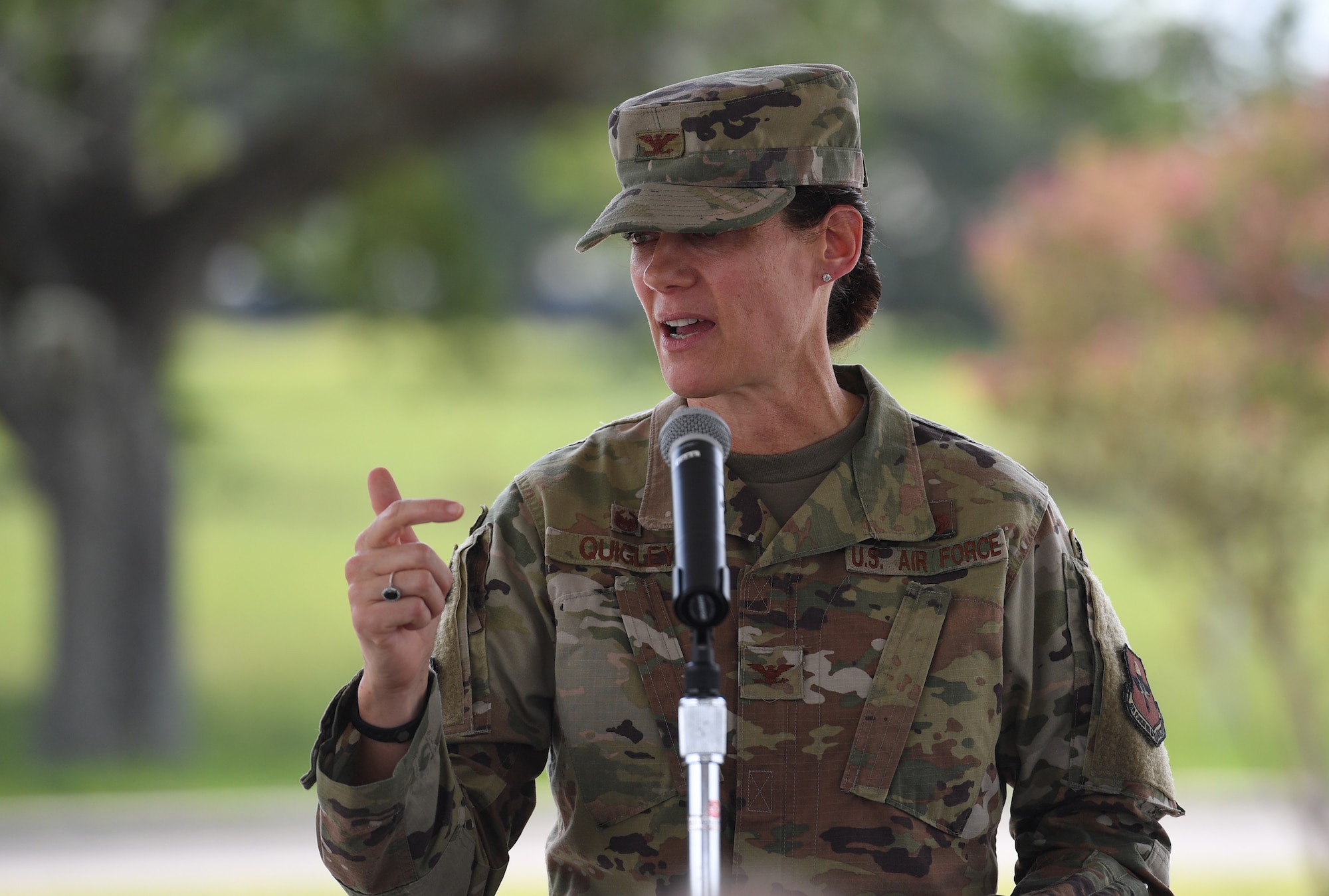 U.S. Air Force Col. Marcia Quigley, 81st Mission Support Group commander, delivers remarks during a groundbreaking ceremony at the commissary parking lot on Keesler Air Force Base, Mississippi, Aug. 8, 2019. The ceremony introduced the project with NORESCO United Technologies, which will provide 497 solar panels on the exchange and commissary parking lot generating over 2 million kilowatts annually, as well as providing shade and shelter from inclement weather to the parked cars. It is scheduled for completion in May 2021. (U.S. Air Force photo by Kemberly Groue)