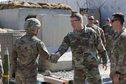 Gen. James McConville, right, vice chief of staff of the Army, greets a 4th Infantry Division Soldier in Laghman Province, Afghanistan, Oct. 27, 2018. McConville, who was sworn in as the Army's 40th chief of staff on Aug. 9, 2019, said he plans to put people -- Soldiers, Army civilians and family members -- first as he ensures the Army is ready to fight now while at the same time being modernized for the future fight.