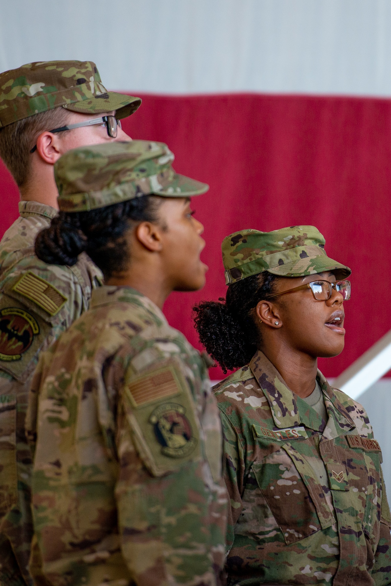 Airmen sing the national anthem at the 56th Mission Support Group change of command July 29, 2019, at Luke Air Force Base, Ariz.