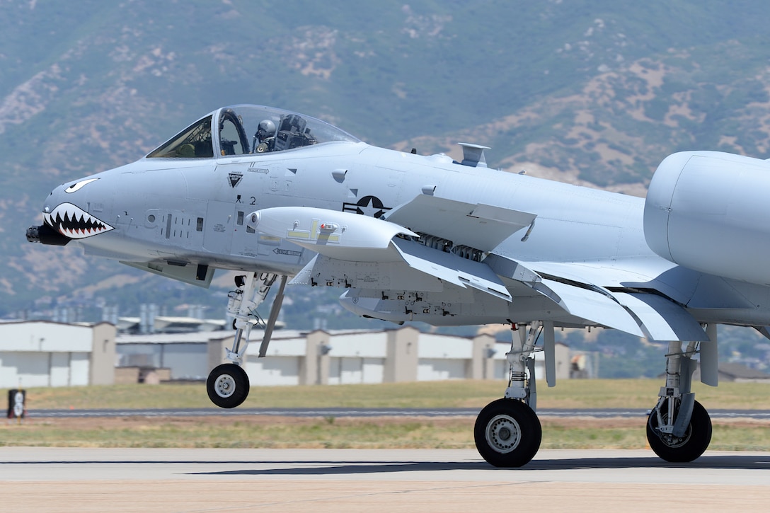 Lt. Col. Ryan Richardson, 514th Flight Test Squadron commander and A-10 test pilot, rolls out after landing following a functional check flight on an A-10 Thunderbolt II, tail no. 80-0252, at Hill Air Force Base, Utah, July 25, 2019. The aircraft is from the Moody Air Force Base, Georgia, home of the 23d Wing Flying Tigers, a unit that traces its heritage back to the Flying Tigers of WWII that painted sharks teeth on the nose of the P-40 Warhawk fighter planes they flew. The aircraft was the last of 173 A-10s to receive new wings under the Enhanced Wing Assembly program to extend the flying service life of the fleet. (U.S. Air Force photo by Alex R. Lloyd)