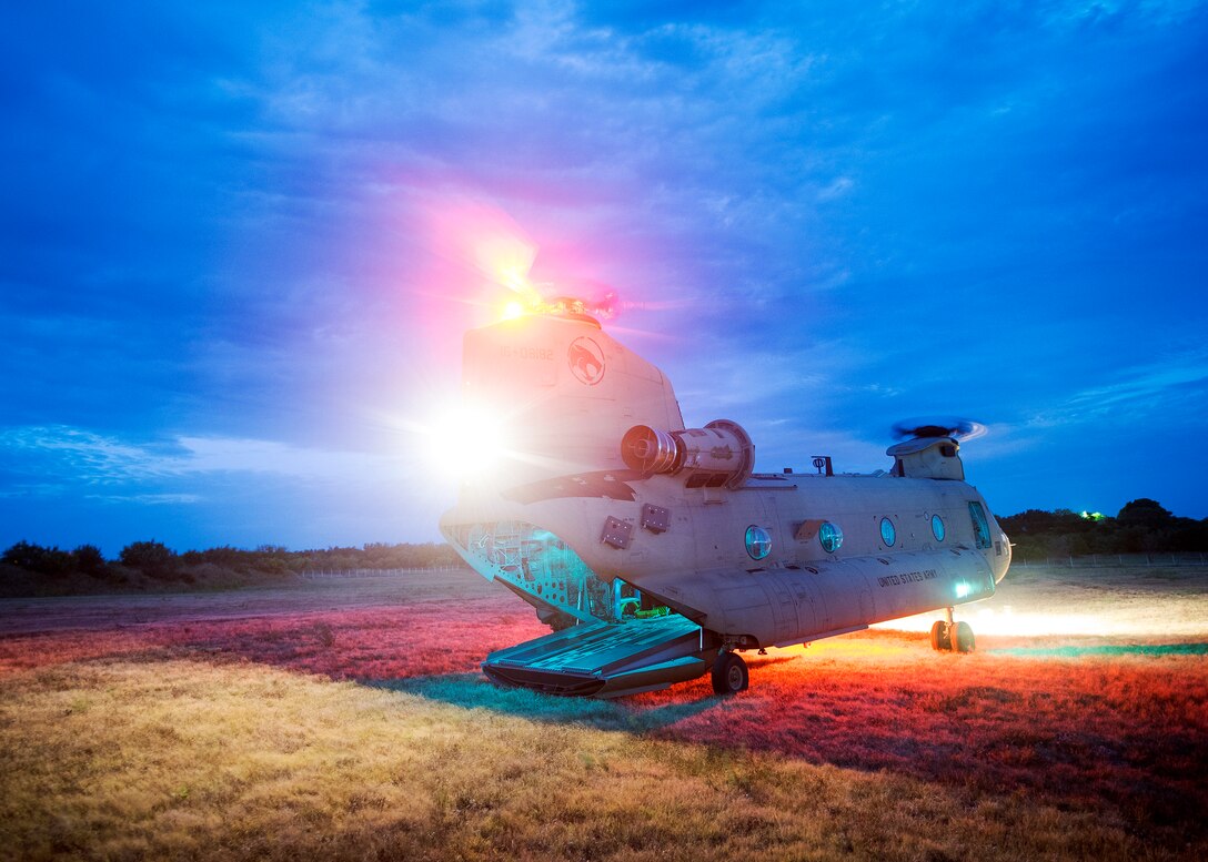 A CH47-Chinook prepares to take off from a landing zone, during a certification field exercise (CFX), July 29, 2019, at Camp Bowie Training Center, Texas. The CFX was designed to evaluate the squadron’s overall tactical ability and readiness to provide the U.S. Army with full spectrum environmental support to the Joint Task Force (JTF) fight. (U.S. Air Force photo by Airman 1st Class Eugene Oliver)