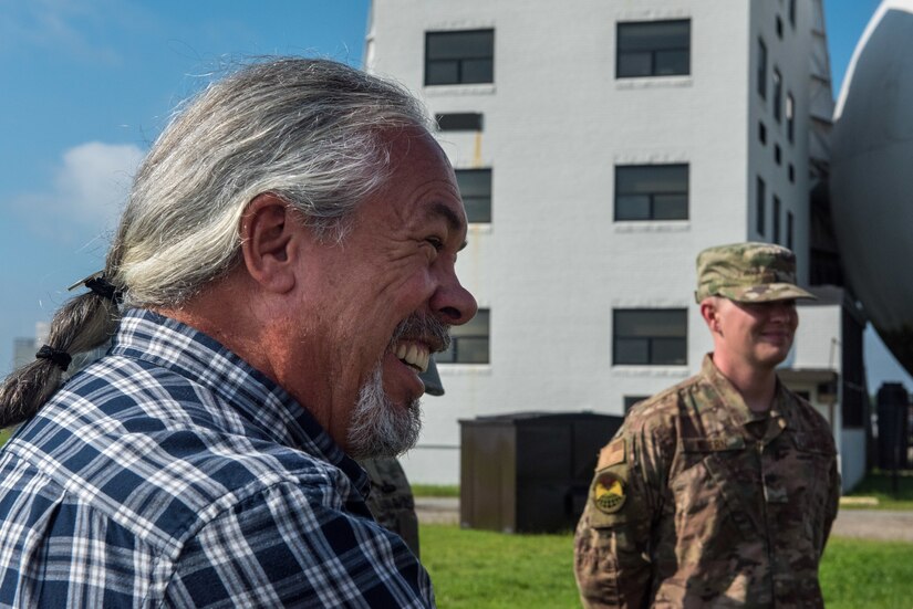 Chief Robert Gray, Pamunkey Indian tribe, speaks with Joint Base Langley-Eustis leadership during a Native American Tribal Consultation Visit at JBLE, Virginia, Aug. 8, 2019.