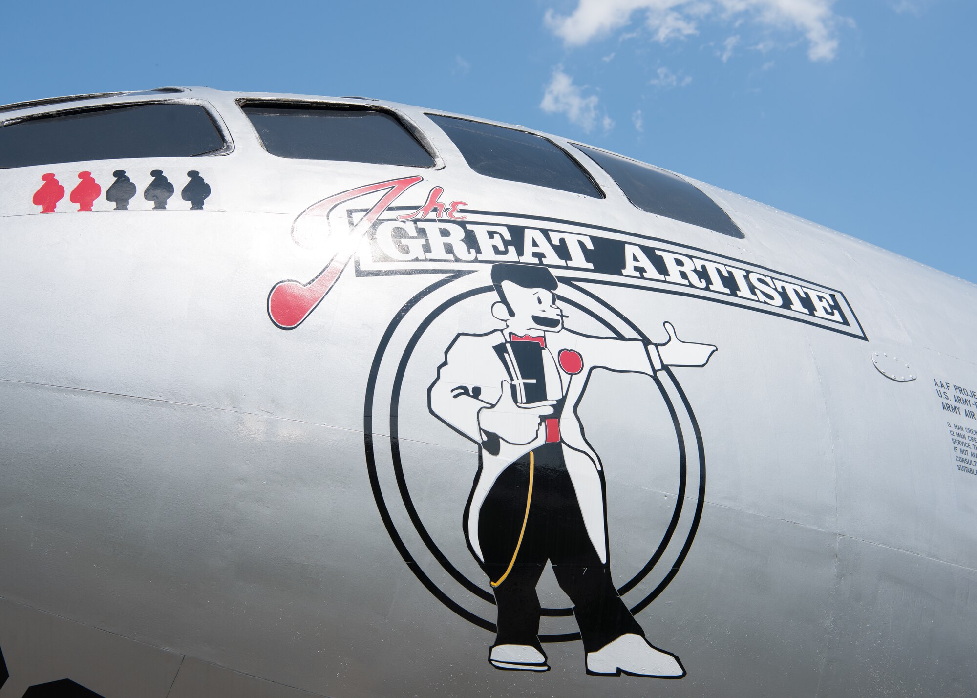 A B-29 Superfortress painted to commemorate “The Great Artiste”, a silverplate B-29 with the 509th Composite Group, sits as a static display on August 6, 2019, at the Spirit Gate at Whiteman Air Force Base, Missouri.The airframe was previously used as a search and rescue aircraft during the Korean War as an SB-29 which was designed to carry a lifeboat and other survival supplies. (U.S. Air Force photo by Airman 1st Class Parker J. McCauley)