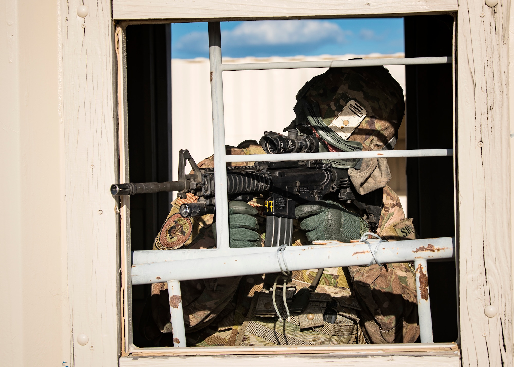 A Staff Weather Officer from the 3d Weather Squadron, fires an M4 Carbine during a certification field exercise (CFX), July 29, 2019, at Camp Bowie Training Center, Texas. The CFX was designed to evaluate the squadron’s overall tactical ability and readiness to provide the U.S. Army with full spectrum environmental support to the Joint Task Force (JTF) fight. The CFX immersed Airmen into all the aspects of what could come with a deployment such as force on force scenarios. (U.S. Air Force photo by Airman 1st Class Eugene Oliver)