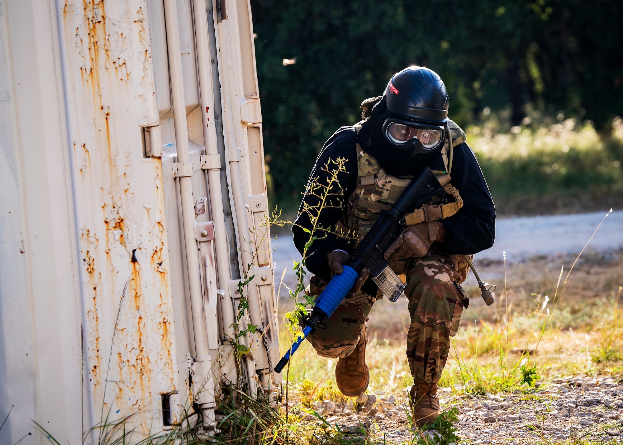 Senior Airman Karen Celestin, 3d Weather Squadron weather forecaster, advances her position during a certification field exercise (CFX), July 29, 2019, at Camp Bowie Training Center, Texas. The CFX was designed to evaluate the squadron’s overall tactical ability and readiness to provide the U.S. Army with full spectrum environmental support to the Joint Task Force (JTF) fight. The CFX immersed Airmen into all the aspects of what could come with a deployment such as force on force scenarios. (U.S. Air Force photo by Airman 1st Class Eugene Oliver)