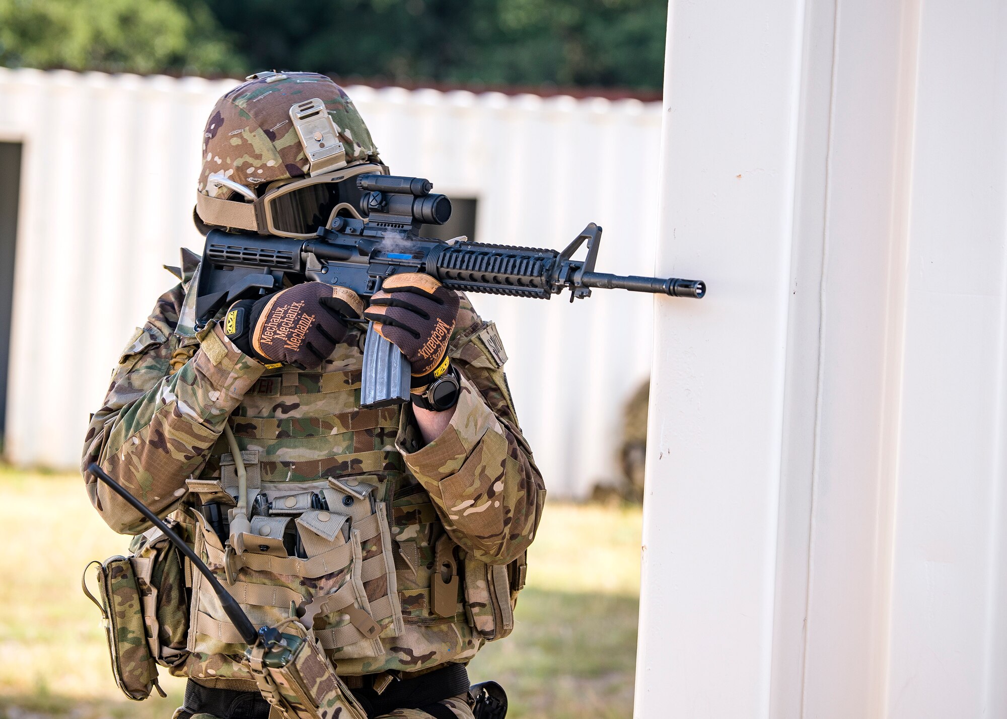 Staff Sgt. Austin Buckhalter, 3d Weather Squadron weather forecaster, fires an M4 Carbine during a certification field exercise (CFX), July 29, 2019, at Camp Bowie Training Center, Texas. The CFX was designed to evaluate the squadron’s overall tactical ability and readiness to provide the U.S. Army with full spectrum environmental support to the Joint Task Force (JTF) fight. The CFX immersed Airmen into all the aspects of what could come with a deployment such as force on force scenarios. (U.S. Air Force photo by Airman 1st Class Eugene Oliver)