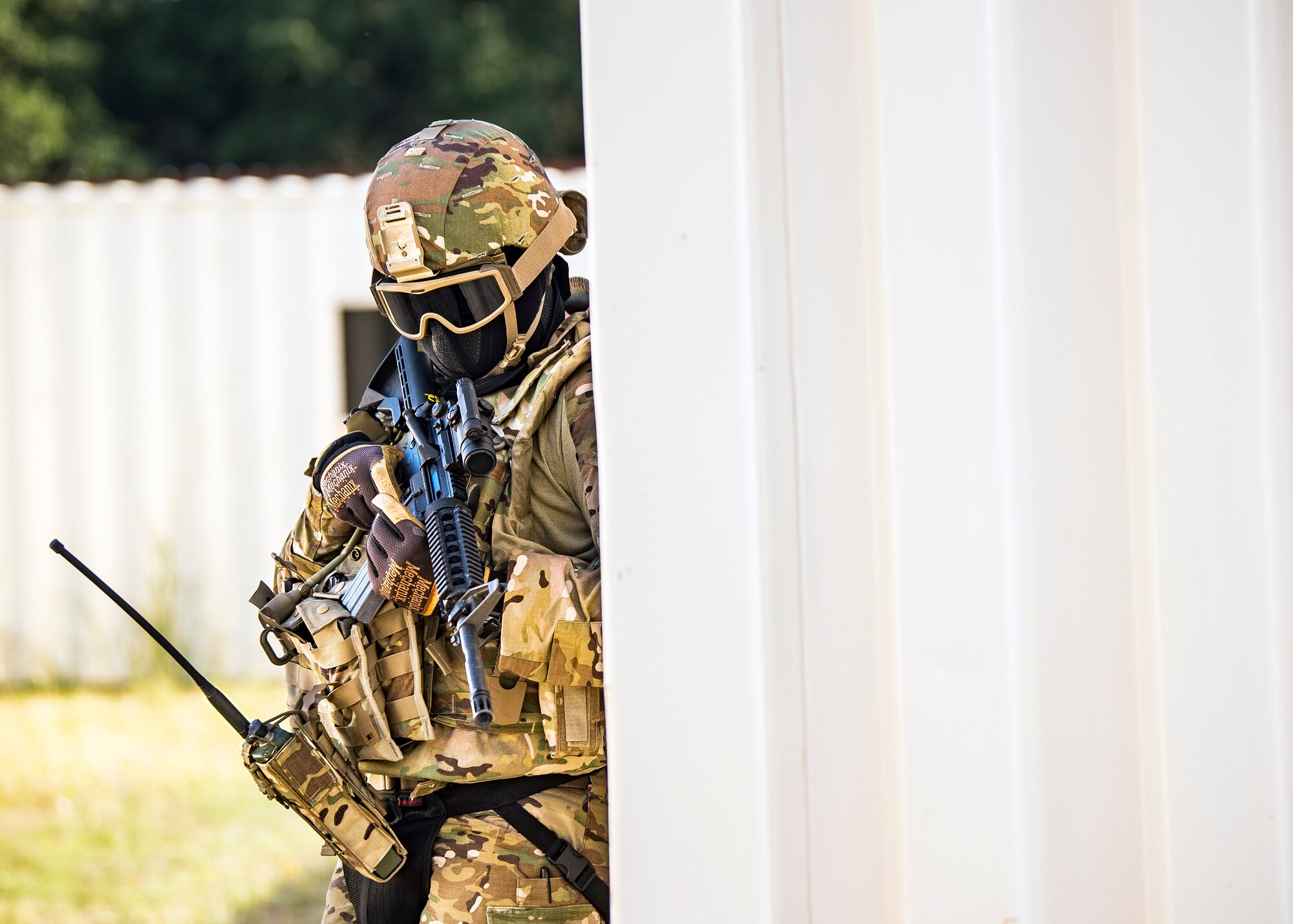 A Staff Weather Officer from the 3d Weather Squadron, takes cover during a certification field exercise (CFX), July 29, 2019, at Camp Bowie Training Center, Texas. The CFX was designed to evaluate the squadron’s overall tactical ability and readiness to provide the U.S. Army with full spectrum environmental support to the Joint Task Force (JTF) fight. The CFX immersed Airmen into all the aspects of what could come with a deployment such as force on force scenarios. (U.S. Air Force photo by Airman 1st Class Eugene Oliver)