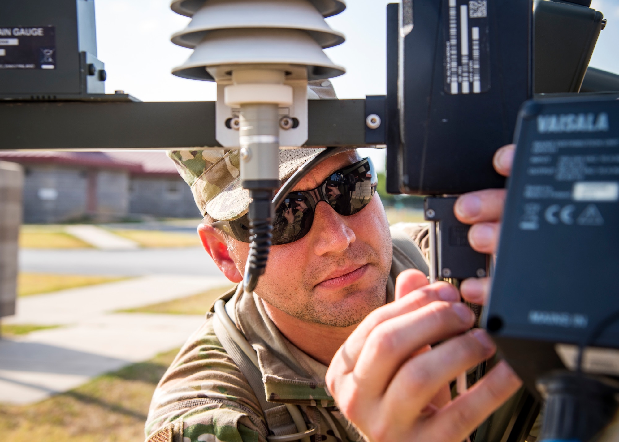 Staff Sgt. Richard Wilson, 3d Weather Squadron (WS) weather forecaster, installs a component of a tactical meteorological observing system during a certification field exercise (CFX), July 31, 2019, at Camp Bowie Training Center, Texas. The CFX was designed to evaluate the squadron’s overall tactical ability and readiness to provide the U.S. Army with full spectrum environmental support to the Joint Task Force (JTF) fight. While deployed, the Army relies on the 3d WS to provide them with current ground weather reports. These reports are then employed by commanders on the ground as they plan the best tactics and approaches to accomplish the mission. (U.S. Air Force photo by Airman 1st Class Eugene Oliver)