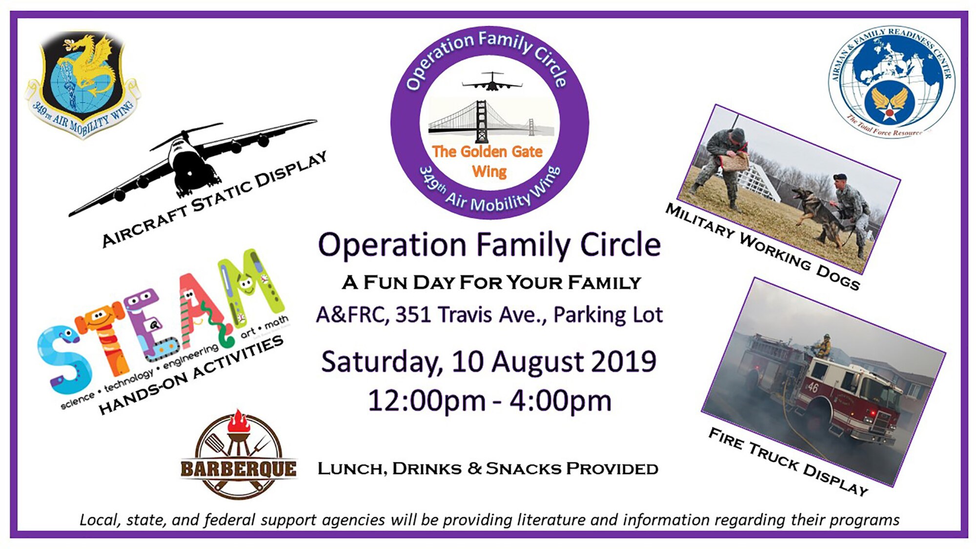 349th Air Mobility Wing invites family for a day of learning, fun at Operation Family Circle events, August 10, 2019, Travis Air Force Base Airmen & Family Readiness Center.