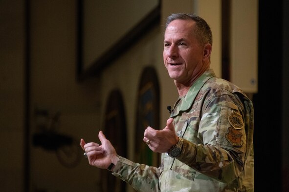 Air Force Chief of Staff Gen. David L. Goldfein speaks to Air University faculty in Polifka Auditorium Aug. 7, 2019, at Maxwell Air Force Base, Alabama. During his conversation with faculty members, Goldfein spoke about the fundamental nature of education to a technically innovative Air Force. (U.S. Air Force photo by Melanie Cox)