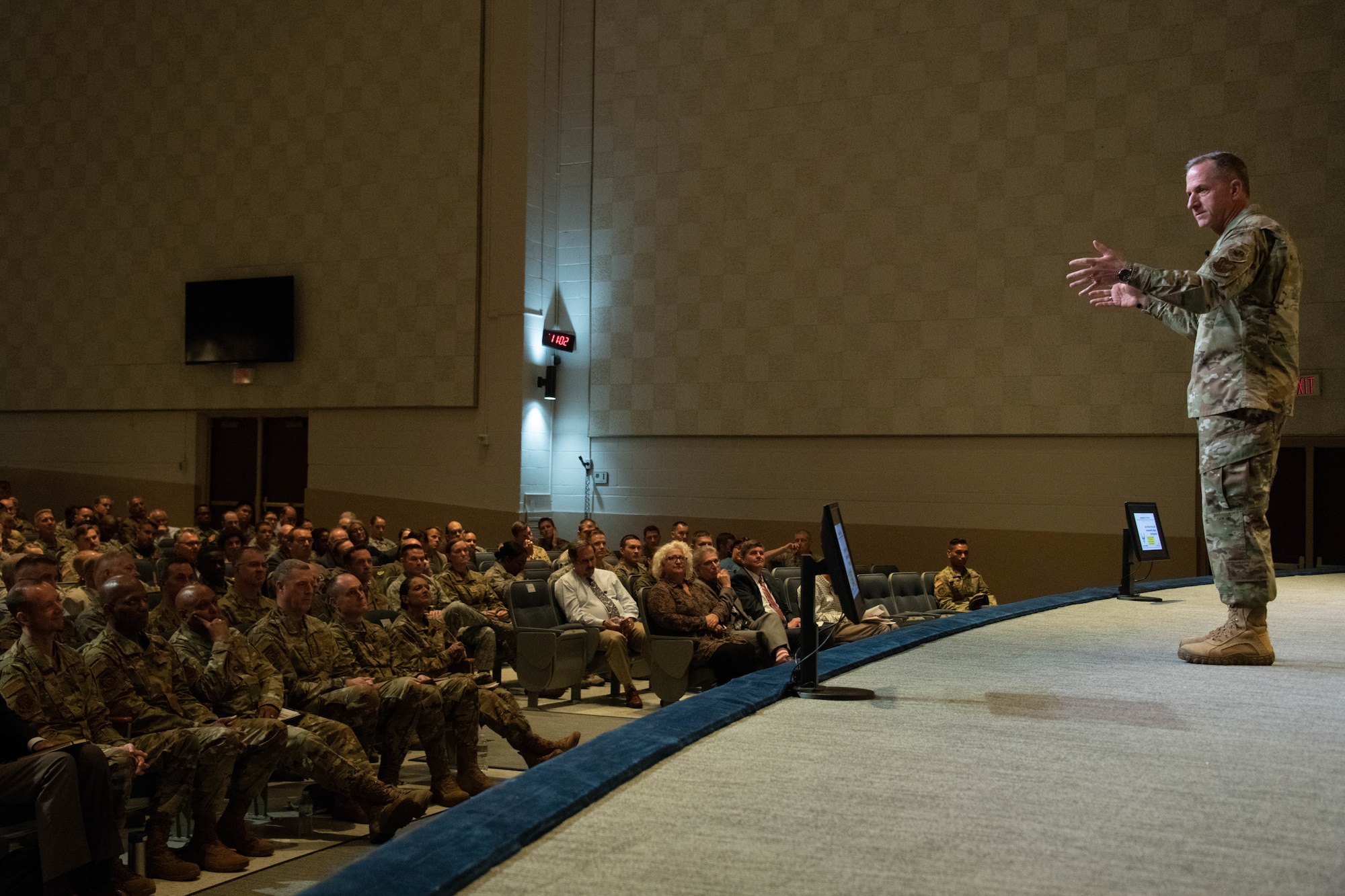 Air Force Chief of Staff Gen. David L. Goldfein speaks to Air University faculty Aug. 7, 2019, at Maxwell Air Force Base, Alabama. Goldfein spoke about the importance of education in the military, placing an emphasis on faculty and instructor duty, and responded to questions posed by faculty members. (U.S. Air Force photo by Melanie Cox)