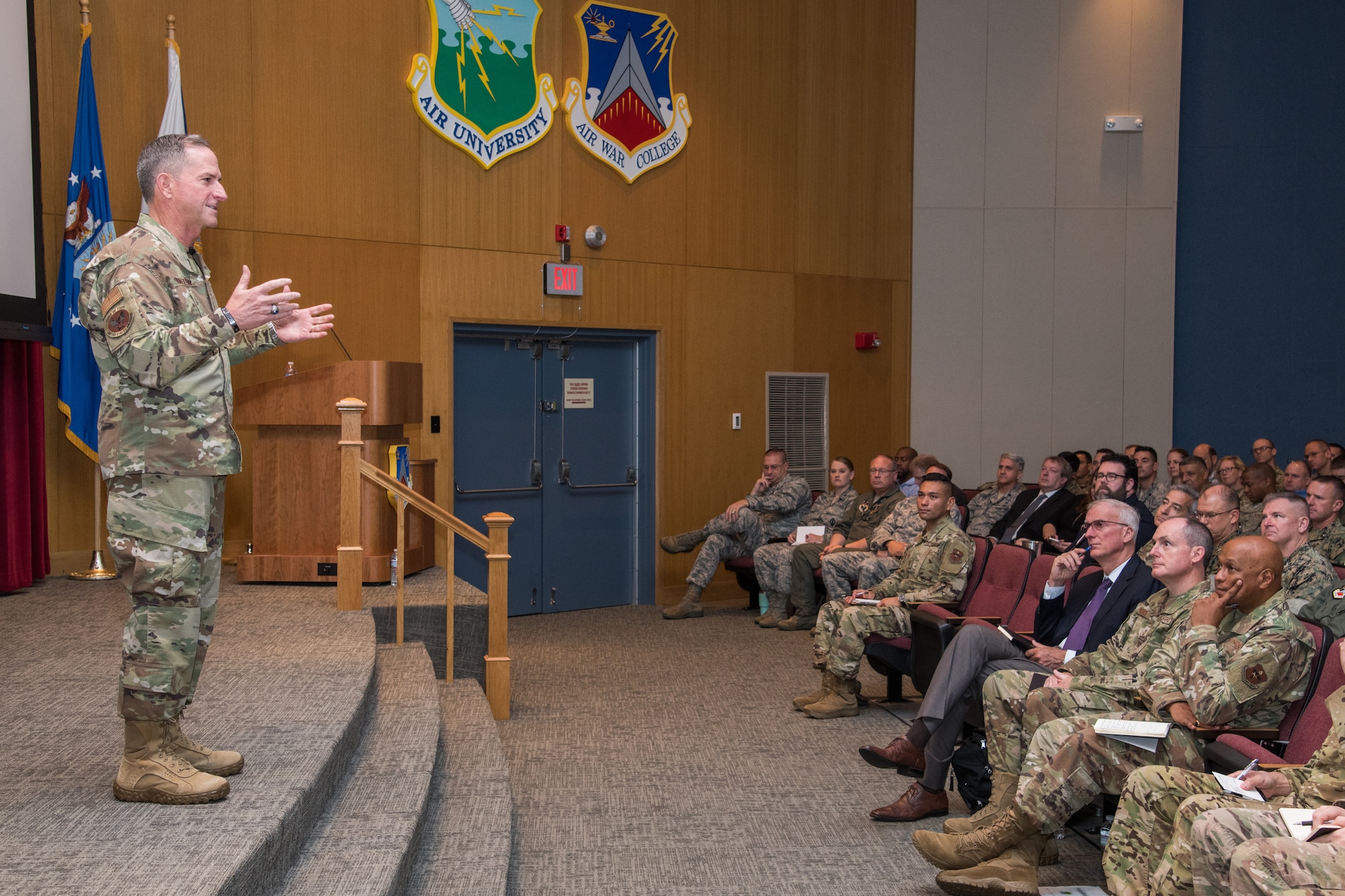 Air Force Chief of Staff Gen. David L. Goldfein speaks to the incoming Air War College class during his visit to Air University Aug. 7, 2019, at Maxwell Air Force Base, Alabama. Goldfein provided guidance for what he wants the students to accomplish and focus on during their time at the AWC. (U.S. Air Force photo by William Birchfield)