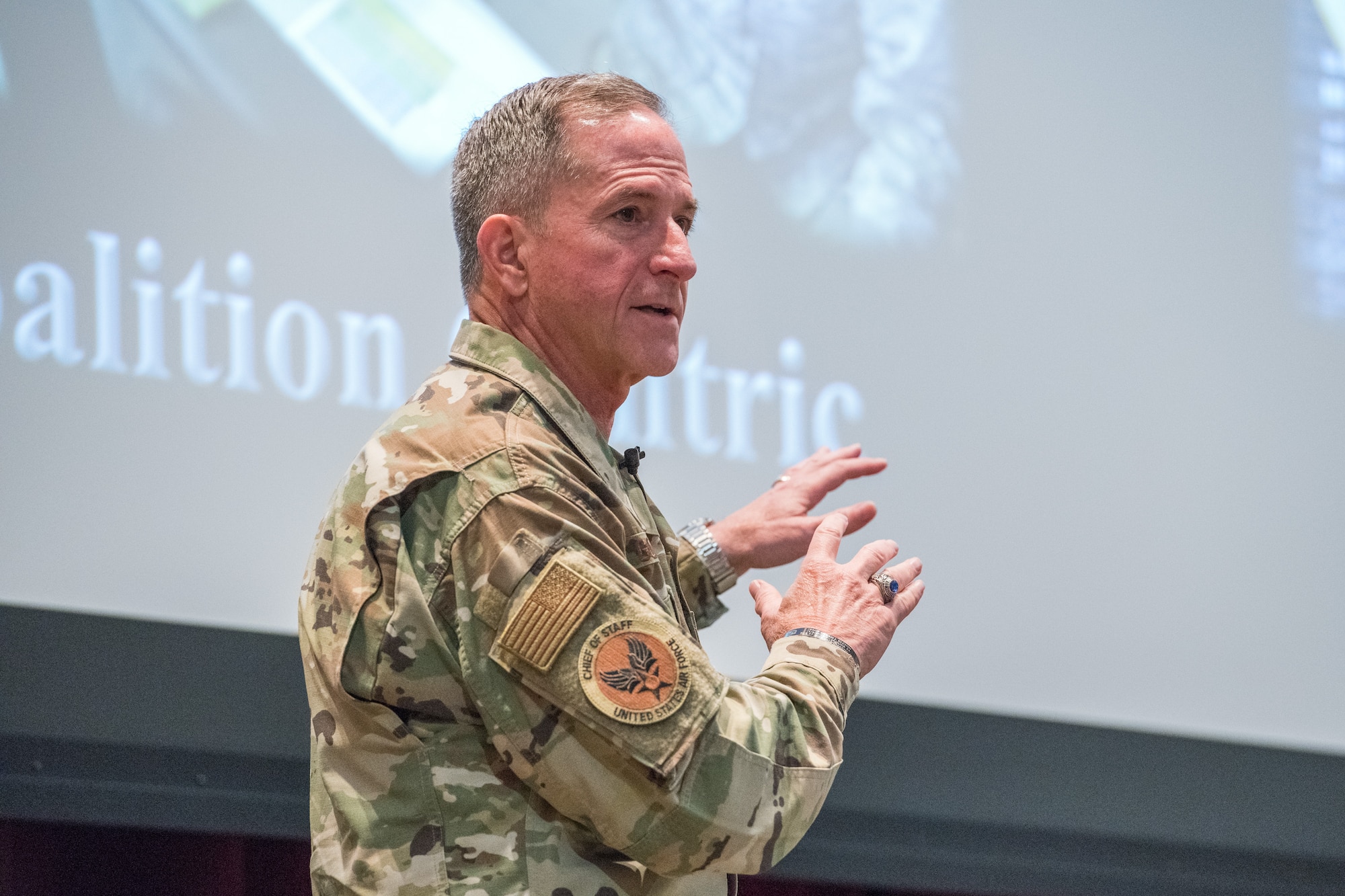 Air Force Chief of Staff Gen. David L. Goldfein speaks to the incoming Air War College class during his visit to Air University Aug. 7, 2019, at Maxwell Air Force Base, Alabama. Goldfein challenged the students to accomplish three tasks while at AWC: to re-blue, reconnect and recharge. (U.S. Air Force photo by William Birchfield)