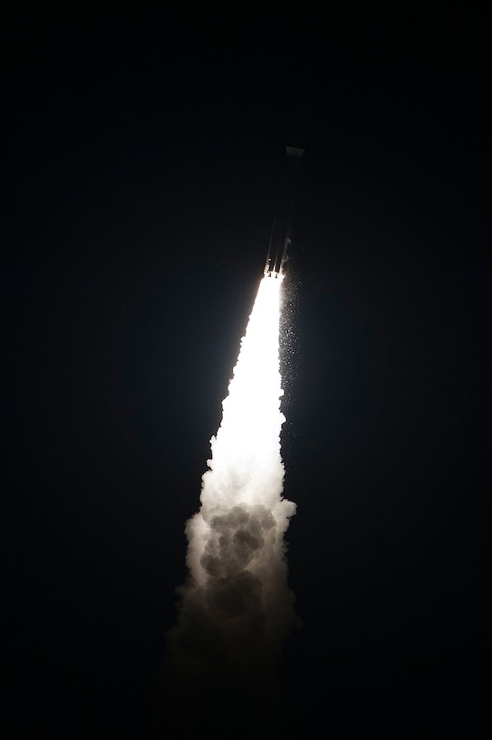 An Atlas V rocket carries the Fifth Advanced Extremely High Frequency satellite toward space Aug. 8, 2019, after being launched from Cape Canaveral Air Force Station, Fla. In April, Airmen assigned to Travis Air Force Base, California, transported the satellite to Florida. The satellite will provide enhanced communications for high-priority military assets. (U.S. Air Force photo by Taylor Nave)