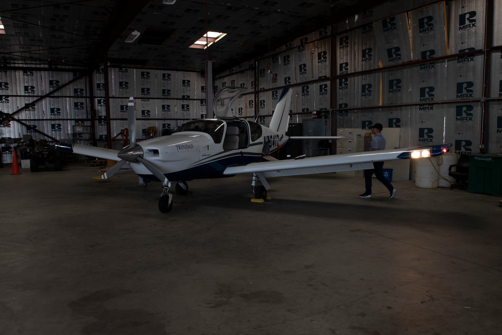 U.S. Air Force Tech. Sgt. Ron, 860th Aircraft Maintenance Squadron flight line expediter, conducts a preflight inspection of a Socata Trinidad TB-20 July 27, 2019, in Rio Vista, California, prior to a flight over the San Francisco Bay Area. Ron has accumulated more than 250 flying hours and completed Air Force remote pilot aircraft training July 12. (U.S. Air Force photo by Tech. Sgt. James Hodgman)