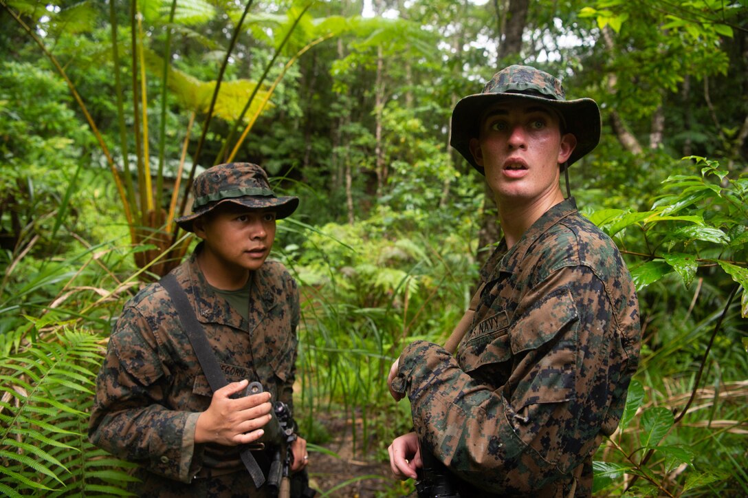 Two Navy service members move through the jungle
