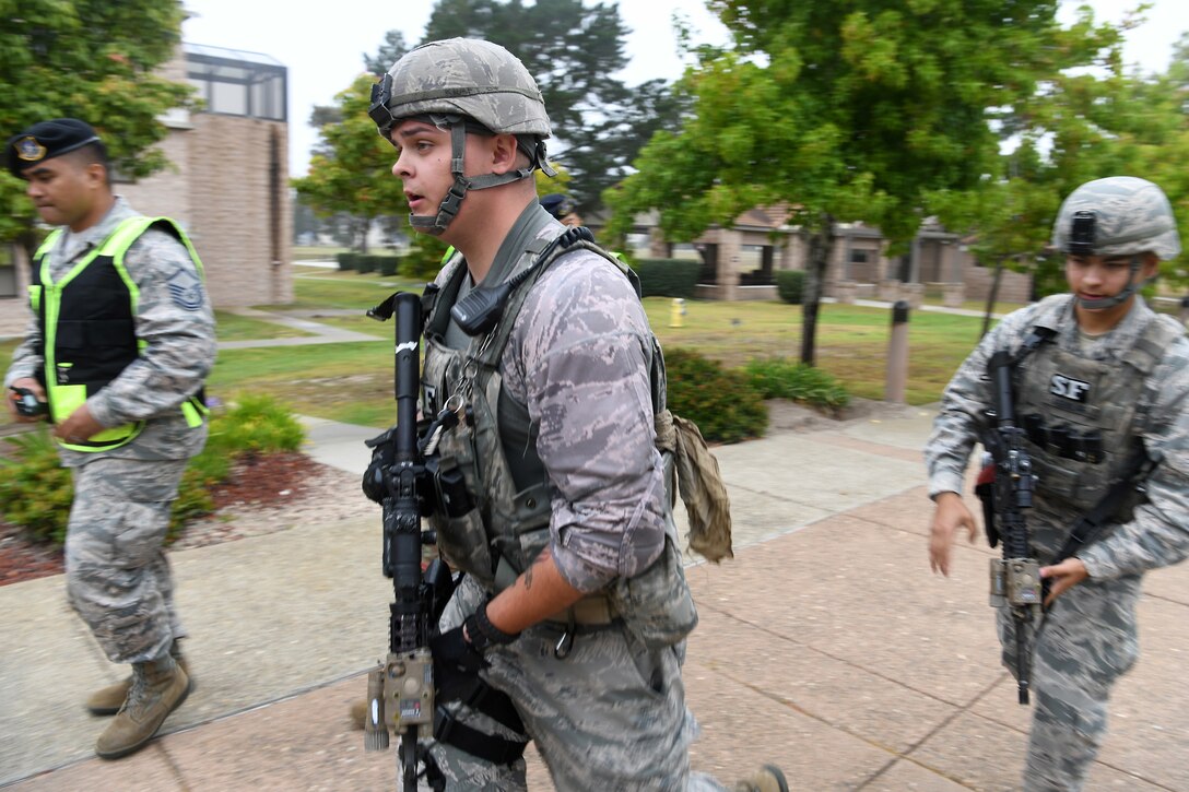 Members of the installation participate in an active shooter exercise Aug. 7, 2019, at Vandenberg Air Force Base, Calif.