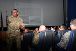 Chief Master Sergeant Anthony Johnson, Pacific Air Forces command chief, speaks to Airmen stationed at Osan Air Base, Republic of Korea, August 2, 2019. Johnson discussed his views on the importance of understanding the culture and climate Airmen live in, as well as remaining resilient in and out of the workplace.
