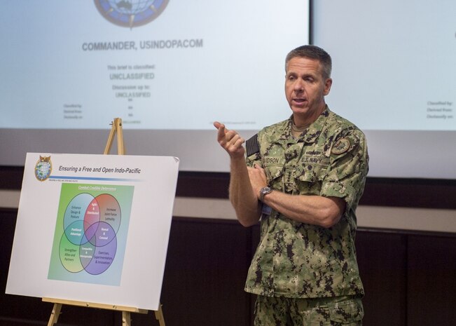 CAMP SMITH, Hawaii (Aug. 7, 2019) – Commander U.S. Indo-Pacific Command (USINDOPACOM), Adm. Phil Davidson, speaks at the Strategic Discussions on U.S. Support of Health and Healthcare in Oceana Conference hosted by the University of Hawaii and USINDOPACOM. University of Hawaii and USINDOPACOM brought together more than 100 regional and healthcare professionals from the military, Center for Disease Control, USAID, and other organizations to discuss issues ranging from infectious diseases, food security, training, and medical infrastructure in the region.