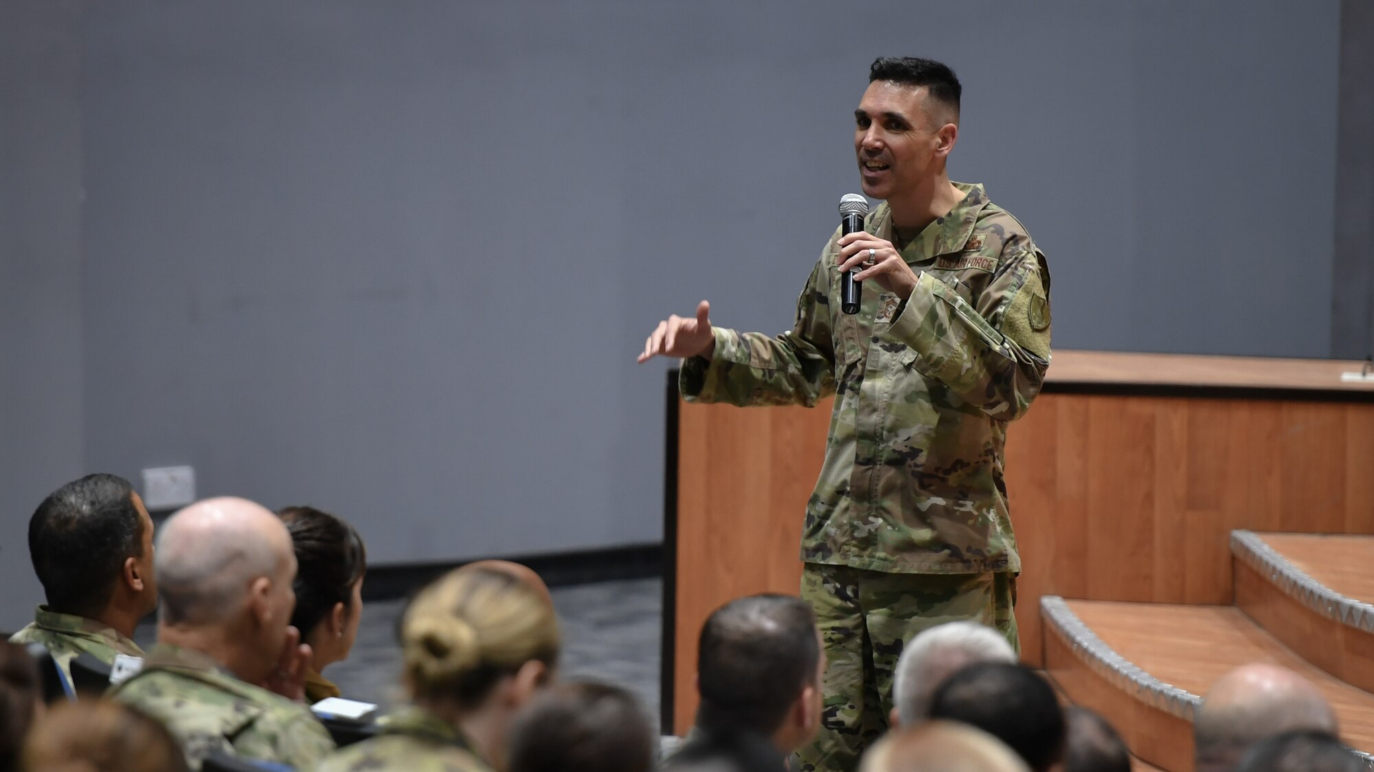 Chief Master Sgt. Shawn L. Drinkard, U.S. Air Forces Central Command command chief, addresses base personnel about the importance of the non-commissioned officer core values and resiliency during a visit to Ali Al Salem Air Base, Kuwait, Aug. 8, 2019. AFCENT leadership visited the 386th Air Expeditionary Wing to discuss how each Airman's role contributes to the mission, to take questions and address concerns. (U.S. Air Force photo by Staff Sgt. Mozer O. Da Cunha)