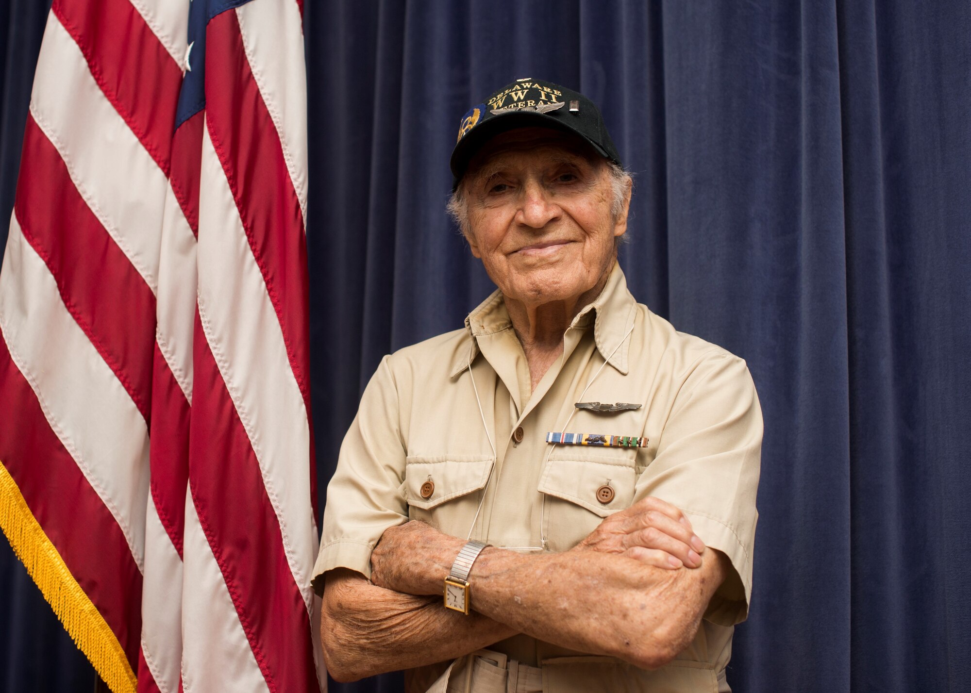 U.S. Army Air Corps 1st Lt. (ret) Raymond Firmani, World War II B-17 pilot, visits the 166th Airlift Wing to conduct at Hangar Talk at New Castle Air National Guard Base Del., Aug. 10, 2019. During the event, Firmani shared stories from his time as a pilot, flying 25 combat missions during World War II. (U.S. Air National Guard Photo by Staff Sgt. Katherine Miller)