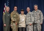 U.S. Army Air Corps 1st Lt. (ret) Raymond Firmani, World War II B-17 pilot, meets with Delaware Air National Guard leadership at the conclusion of a Hangar Talk at New Castle Air National Guard Base Del., Aug. 10, 2019. The Hangar Talk event allowed Airmen to learn history in the profession of Arms as well as become more aware of the changing operations of the military. (U.S. Air National Guard Photo by Staff Sgt. Katherine Miller)