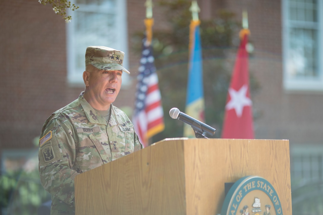 The Delaware National Guard, along with Del. Governor John Carney, just promotes Adjutant General, Brig. Gen. Michael Berry, to the rank of Major General, during a ceremony outside Legislative Hall in Dover, Aug. 10th.
