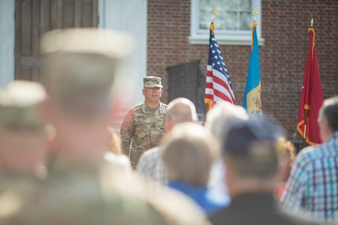 The Delaware National Guard, along with Del. Governor John Carney, just promotes Adjutant General, Brig. Gen. Michael Berry, to the rank of Major General, during a ceremony outside Legislative Hall in Dover, Aug. 10th.