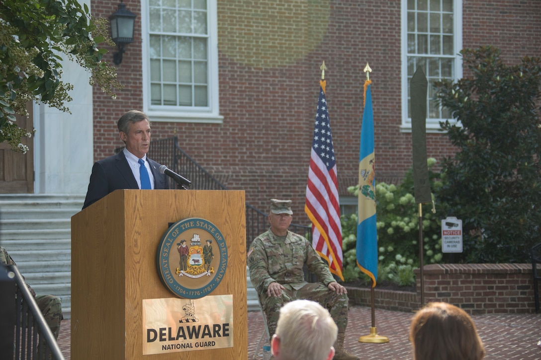 The Delaware National Guard, along with Del. Governor John Carney, just promotes Adjutant General, Brig. Gen. Michael Berry, to the rank of Major General, during a ceremony outside Legislative Hall in Dover, Aug. 10th.
