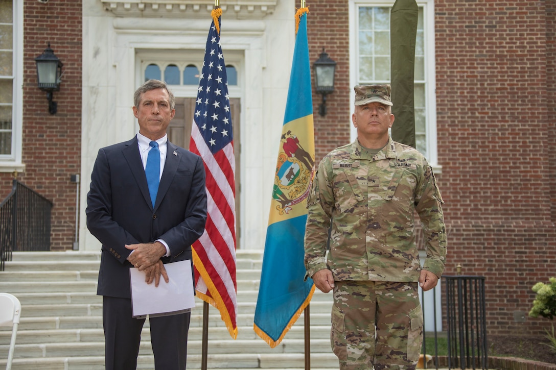 The Delaware National Guard, along with Del. Governor John Carney, just promotes Adjutant General, Brig. Gen. Michael Berry, to the rank of Major General, during a ceremony outside Legislative Hall in Dover, Aug. 10th.