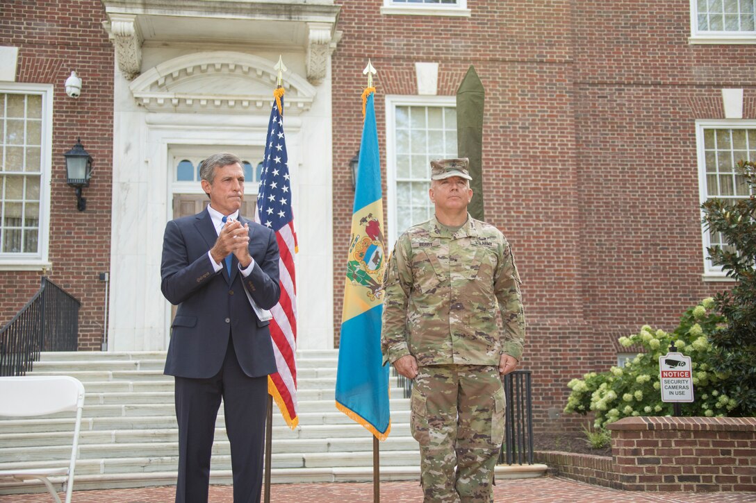The Delaware National Guard, along with Del. Governor John Carney, just promotes Adjutant General, Brig. Gen. Michael Berry, to the rank of Major General, during a ceremony outside Legislative Hall in Dover, Aug. 10th.