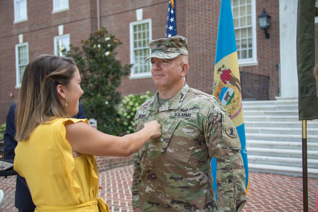The Delaware National Guard, along with Del. Governor John Carney, just promotes Adjutant General, Brig. Gen. Michael Berry, to the rank of Major General, during a ceremony outside Legislative Hall in Dover, Aug. 10th.