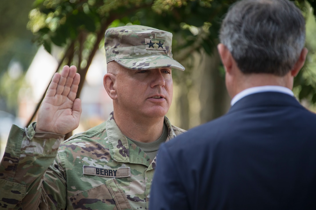 The Delaware National Guard, along with Del. Governor John Carney, just promotes Adjutant General, Brig. Gen. Michael Berry, to the rank of Major General, during a ceremony outside Legislative Hall in Dover, Aug. 10th.