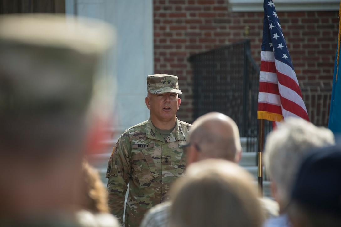 The Delaware National Guard, along with Del. Governor John Carney, just promotes Adjutant General, Brig. Gen. Michael Berry, to the rank of Major General, during a ceremony outside Legislative Hall in Dover, Aug. 10th.