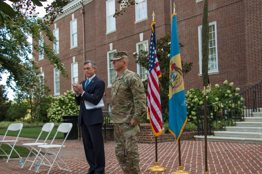 The Delaware National Guard, along with Del. Governor John Carney, just promotes Adjutant General, Brig. Gen. Michael Berry, to the rank of Major General, during a ceremony outside Legislative Hall in Dover, Aug. 10th.