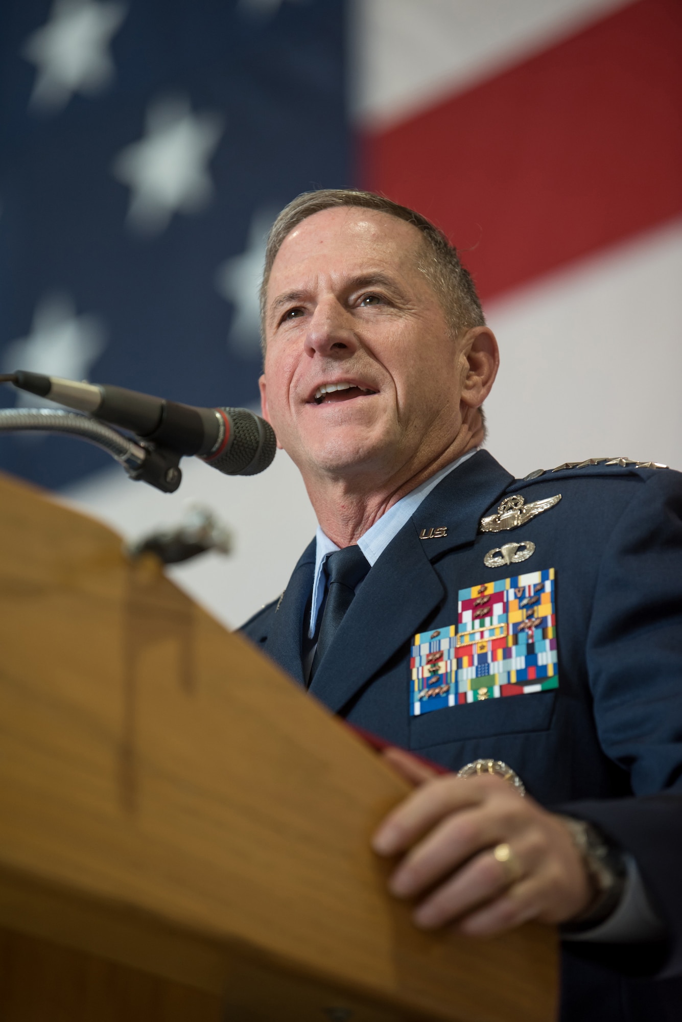 Gen. David L. Goldfein, Air Force chief of staff, speaks during a ceremony recognizing Lt. Col. John "J.T." Hourigan, a pilot for the 123rd Airlift Wing, during a ceremony at the Kentucky Air National Guard Base in Louisville, Ky., Aug. 10, 2019. Hourigan was awarded the Distinguished Flying Cross for preventing a catastrophic, in-flight mishap that would have resulted in the loss of aircraft and crew if not for his decisive action. (U.S. Air National Guard photo by Staff Sgt. Joshua Horton)