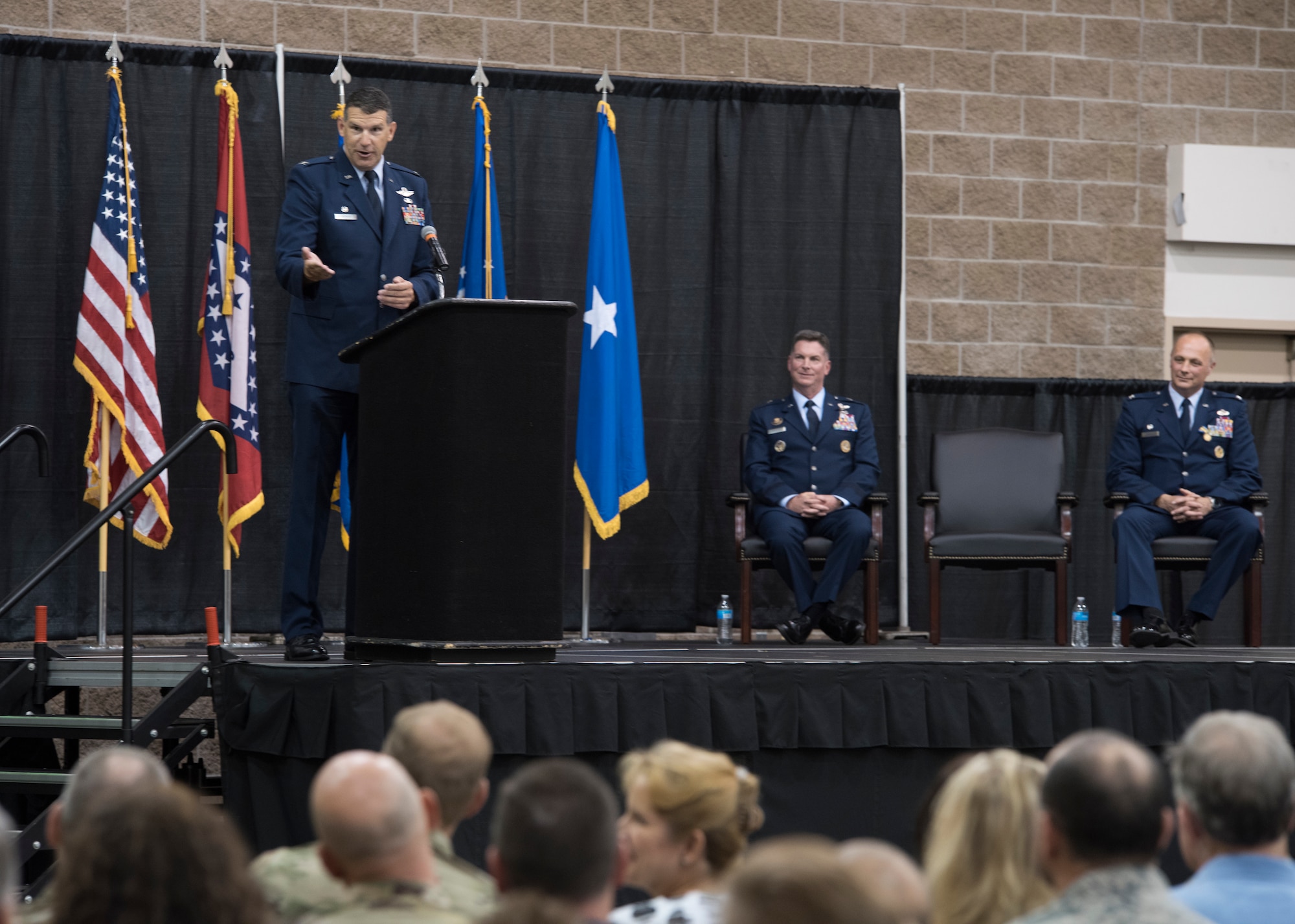 Col. Leon J. Dodroe, 188th Wing commander, address members of the wing after assuming command during a ceremony at Fort Smith, Ark., Aug. 11, 2019. Dodroe assumed command from Col. Robert I. Kinney who has led the unit since 2017. (U.S. Air National Guard photo by Tech. Sgt. Daniel J. Condit)