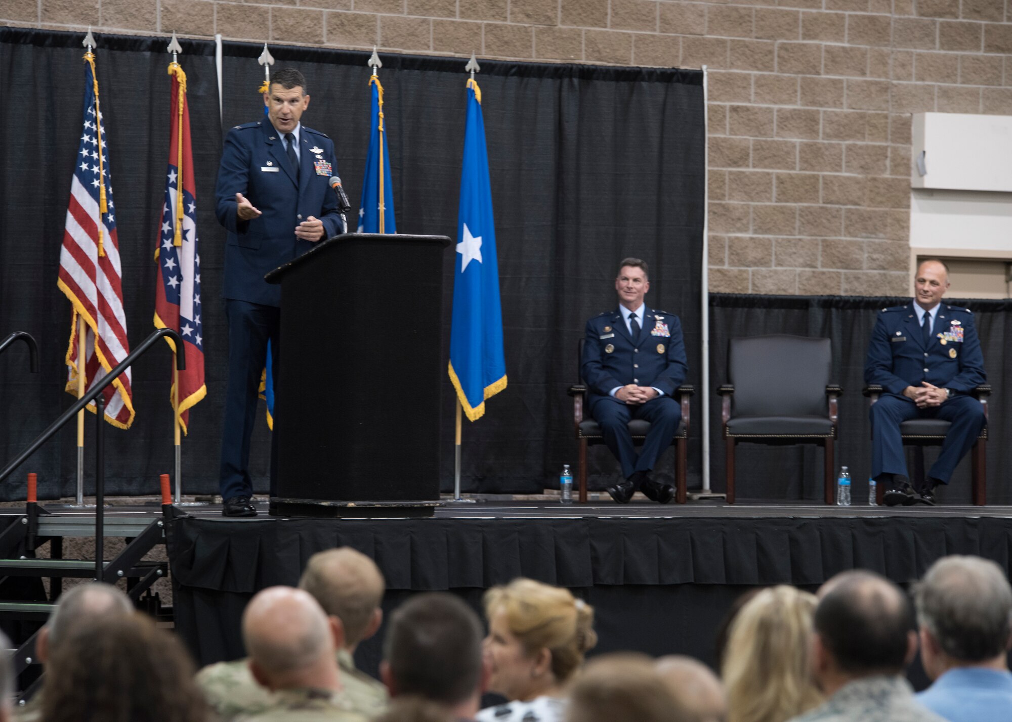 Col. Leon J. Dodroe, 188th Wing commander, address members of the wing after assuming command during a ceremony at Fort Smith, Ark., Aug. 11, 2019. Dodroe assumed command from Col. Robert I. Kinney who has led the unit since 2017. (U.S. Air National Guard photo by Tech. Sgt. Daniel J. Condit)