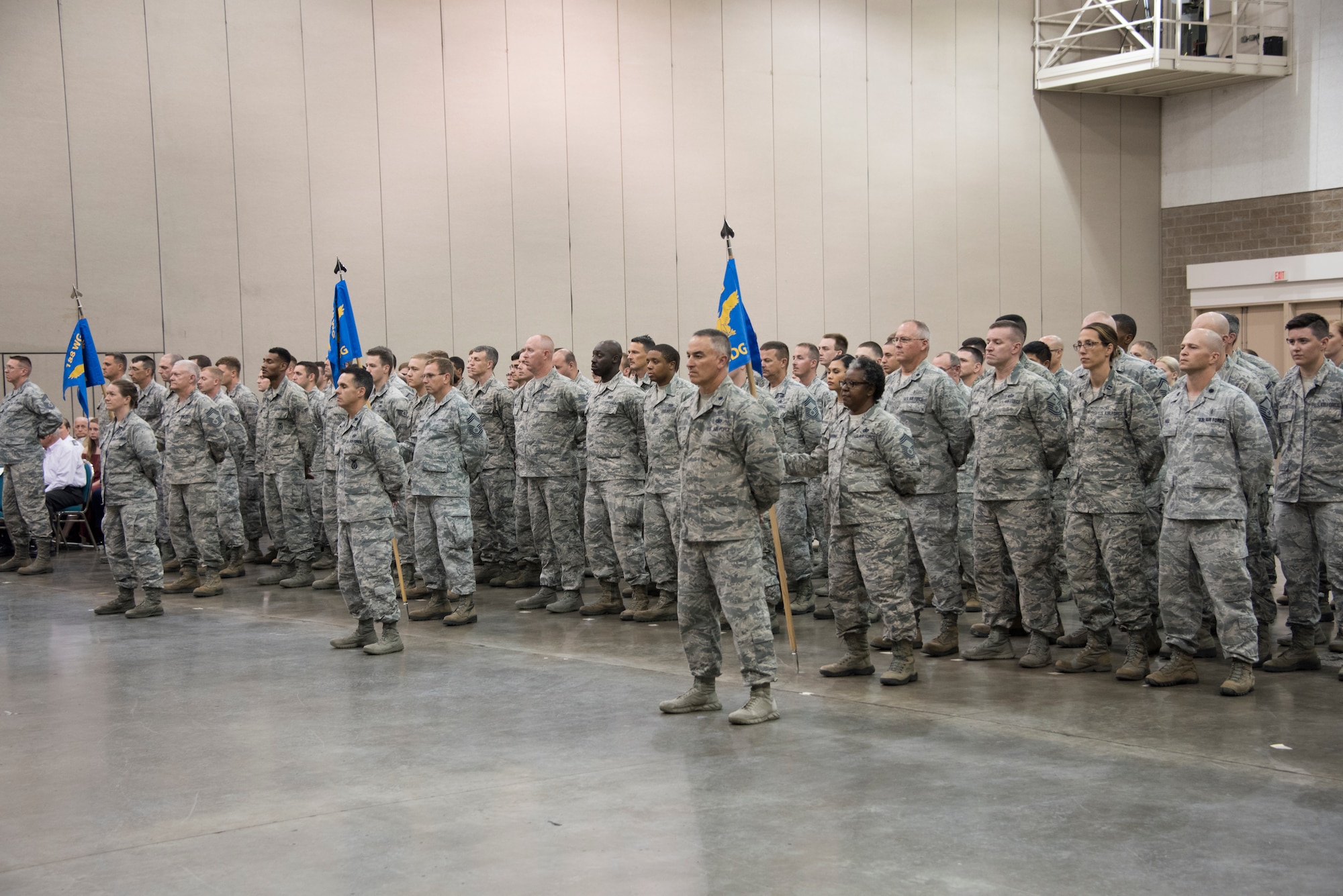 Members of the 188th Wing stand in formation during a change of command ceremony at Fort Smith, Ark., Aug. 11, 2019. The change of command is a military tradition signified with the passing of the unit's guidon flag from one commander to the next. (U.S. Air National Guard photo by Tech. Sgt. John E. Hillier)