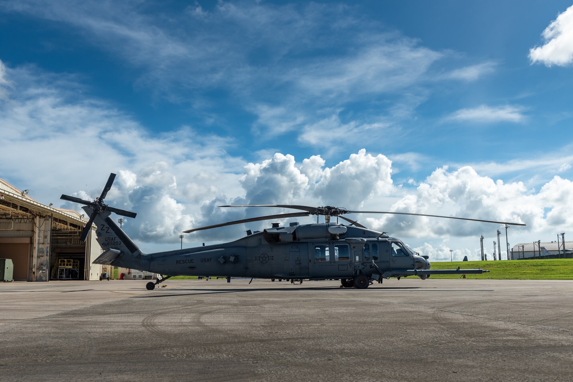 An HH-60G Pave Hawk from the 33rd Rescue Squadron sits on the taxiway, July 23, 2019, on Kadena Air Base, Japan. The HH-60G Pave Hawk’s core mission is recovery of personnel under hostile conditions, including combat search and rescue. (U.S. Air Force photo by Airman 1st Class Matthew Seefeldt)