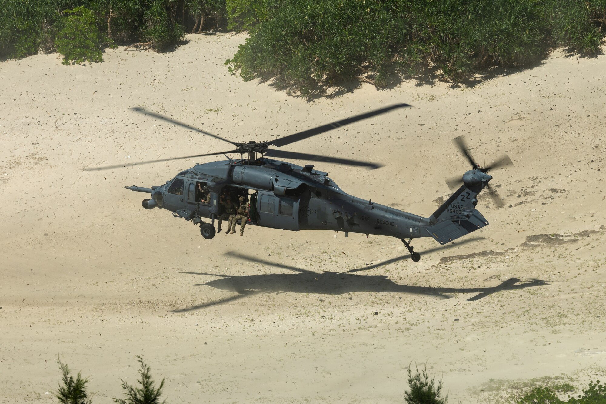 An HH-60G Pave Hawk from the 33rd Rescue Squadron prepares to land during a training exercise, July 25, 2019, out of Kadena Air Base, Japan. The HH-60G Pave Hawk’s core mission is recovery of personnel under hostile conditions, including combat search and rescue. (U.S. Air Force photo by Airman 1st Class Matthew Seefeldt)